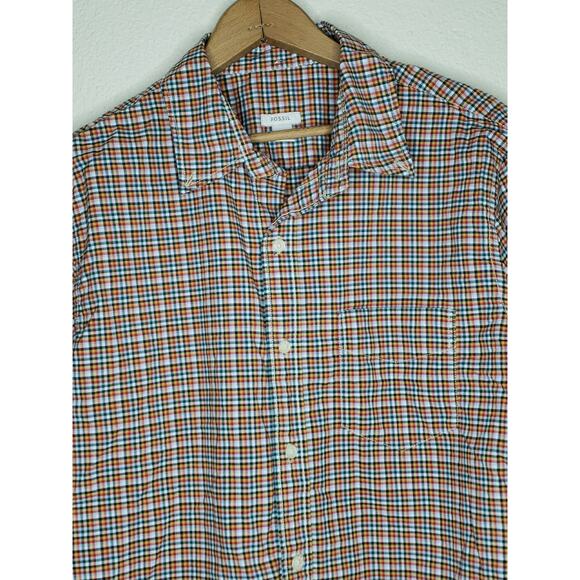 Fossil Men's Long Sleeve Button Down Top Medium Red Yellow Plaid Pocket - Picture 1 of 10